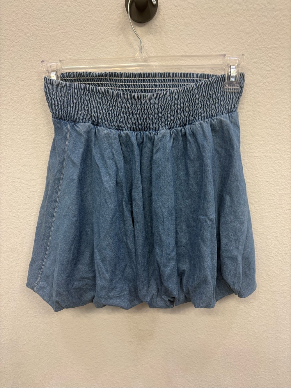Doe & Rae Light Blue Smocked-Waist Bubble Mini Skirt